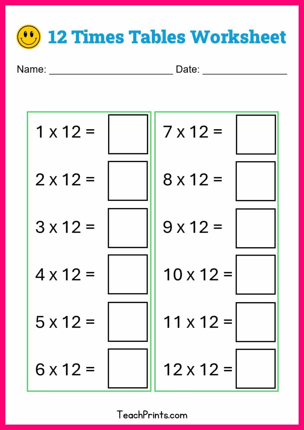 Free Printable Multiplication Worksheets 12