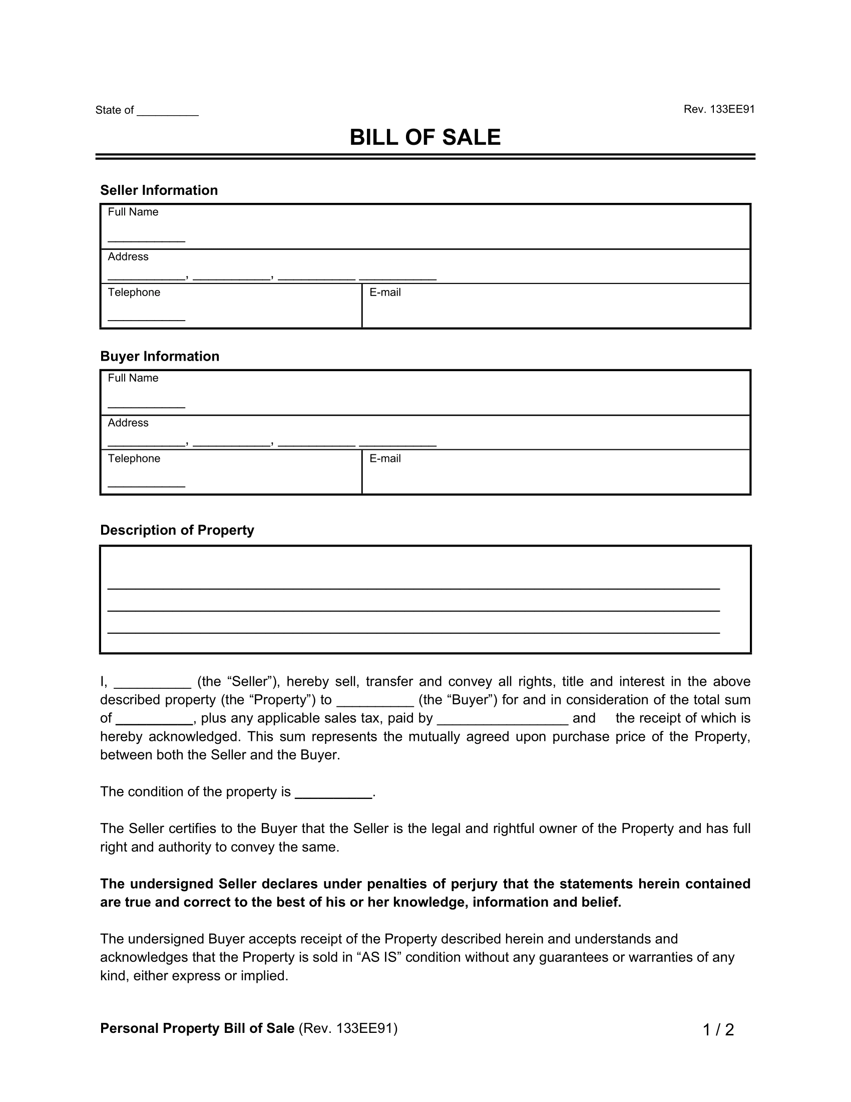 Free Printable Bill Of Sale Template