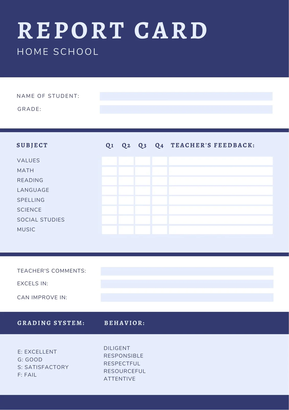 Free Printable Homeschool Report Card Template