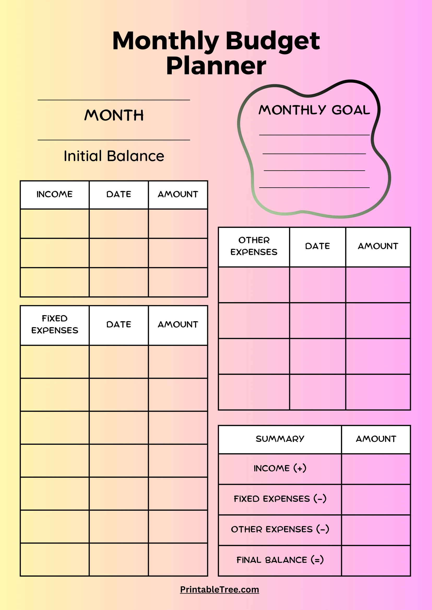 Printable Monthly Budget Template Free