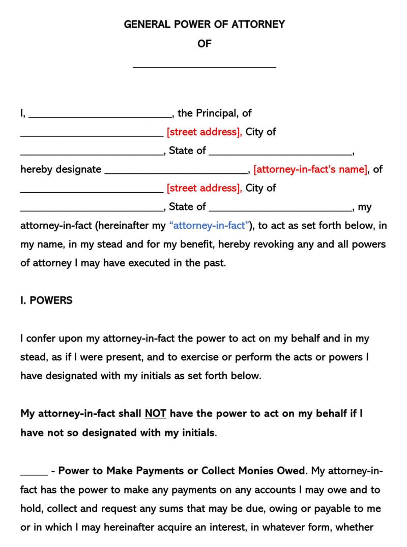 Printable Form For Power Of Attorney Template