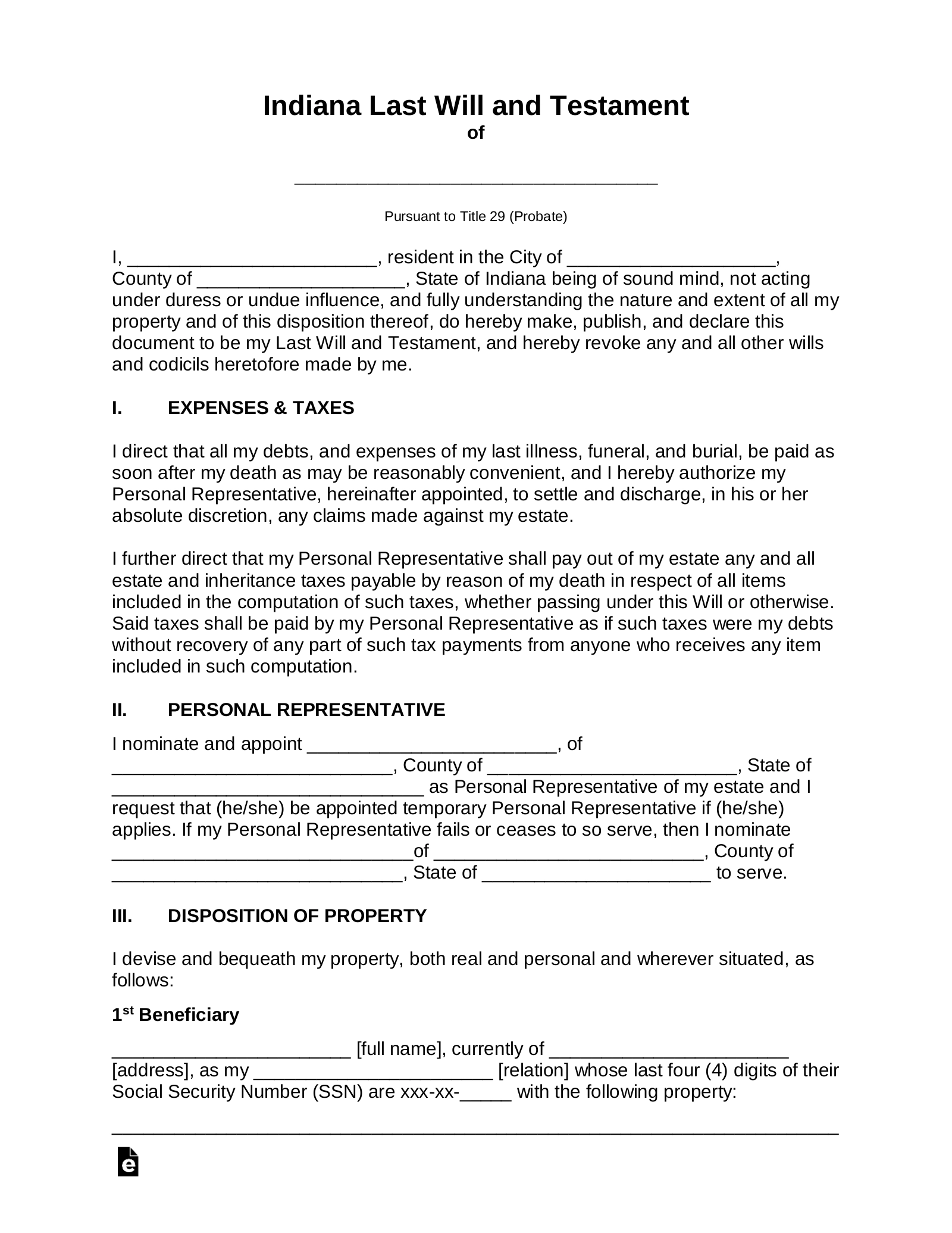 Free Indiana Last Will And Testament Template PDF Word EForms