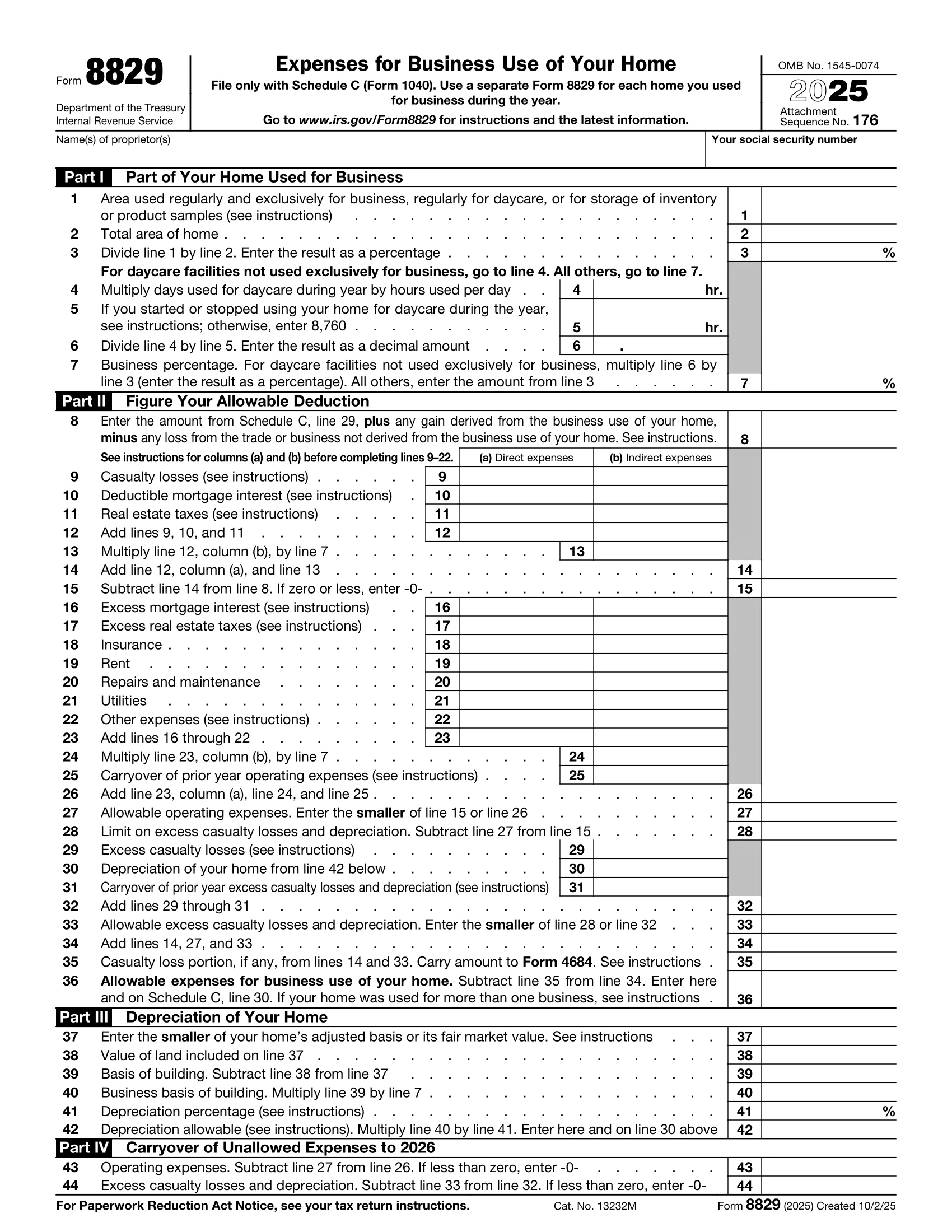Free IRS Form 8829 Expenses For Business Use Of Your Home