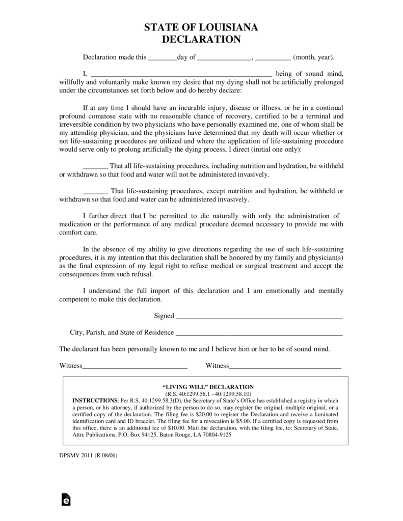 Free Louisiana Living Will Declaration Template PDF Word EForms