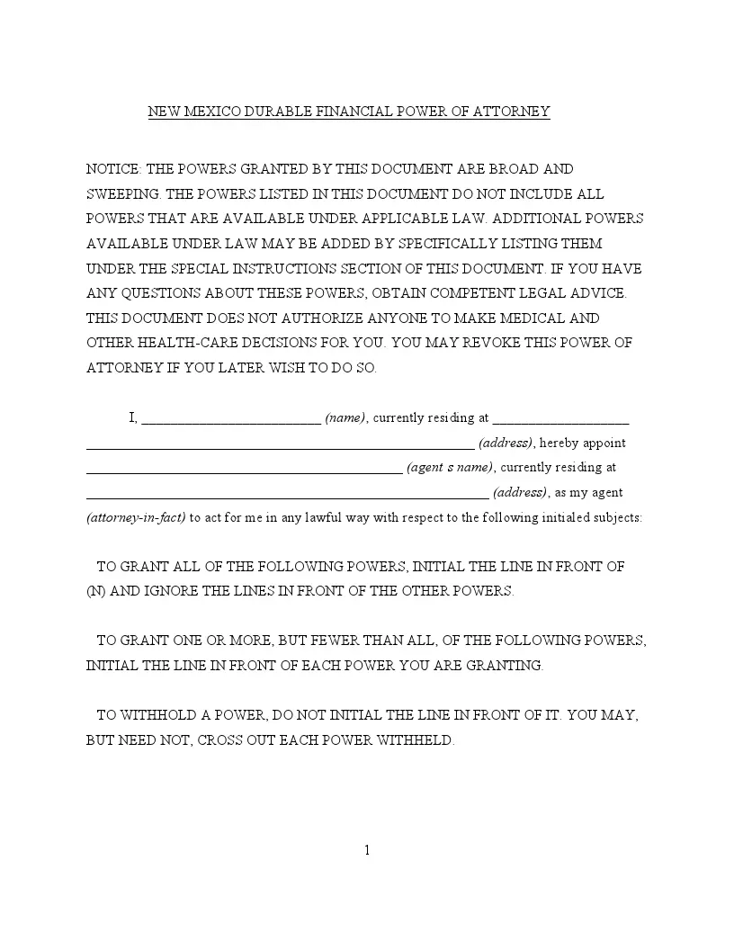 Free New Mexico Durable Power Of Attorney Form For Finances FormsPal