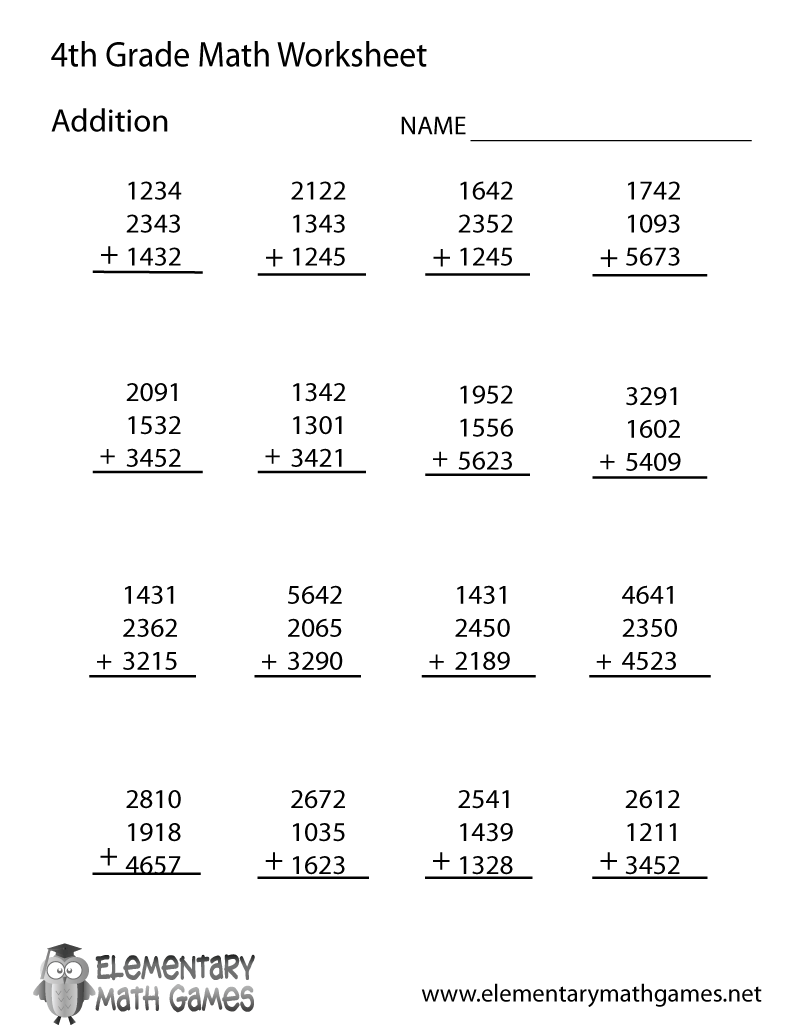 Printable Math Addition Worksheets Grade 4