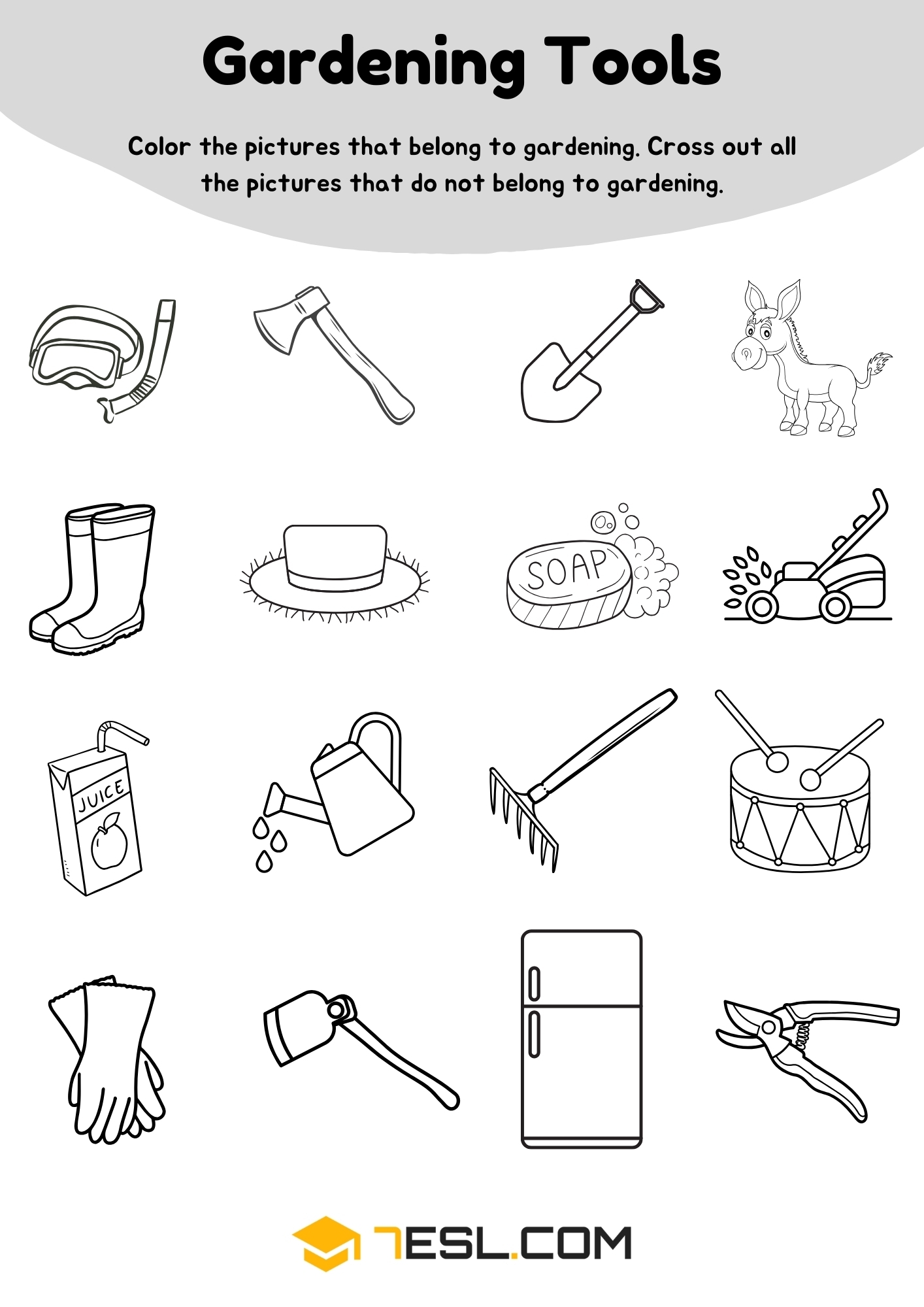Free Printable Gardening Tools Worksheet For Kids 7ESL