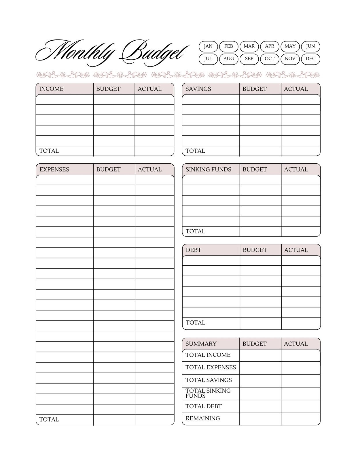 Free Printable Personal Budget Template