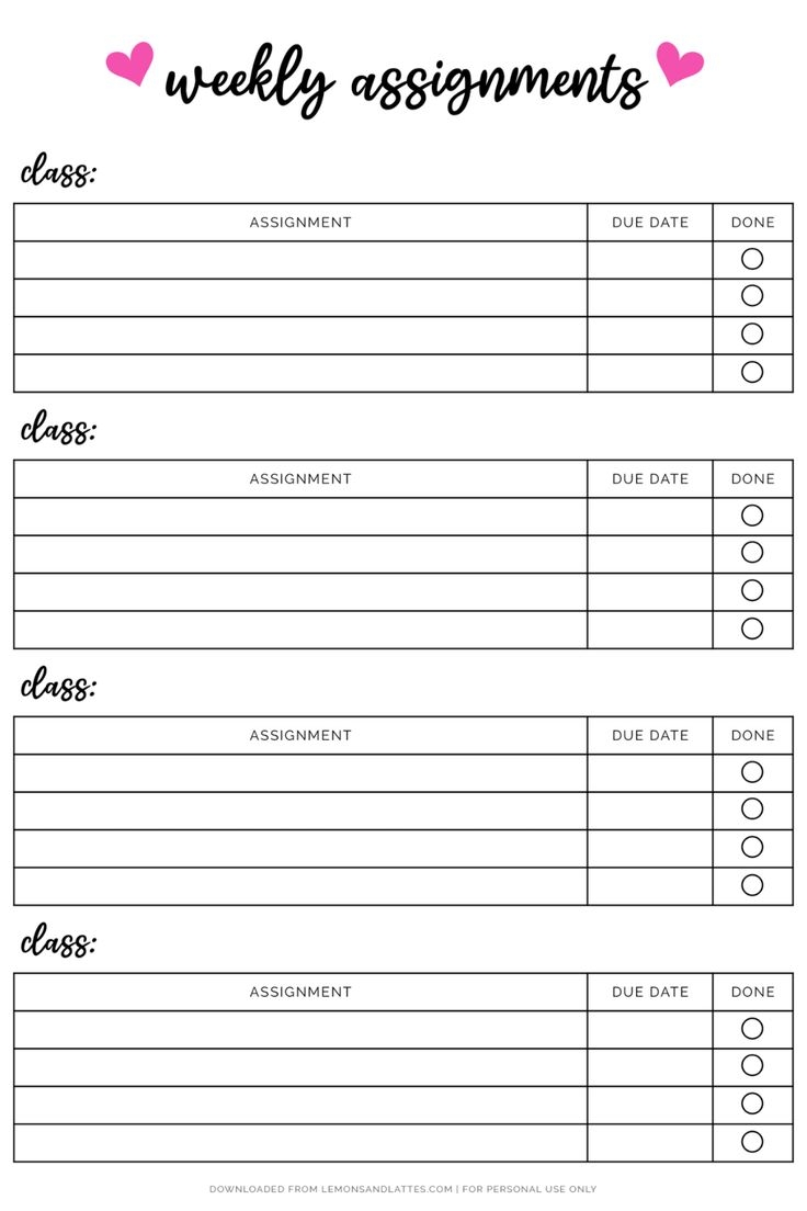 Free Printable Weekly Assignments Tracker