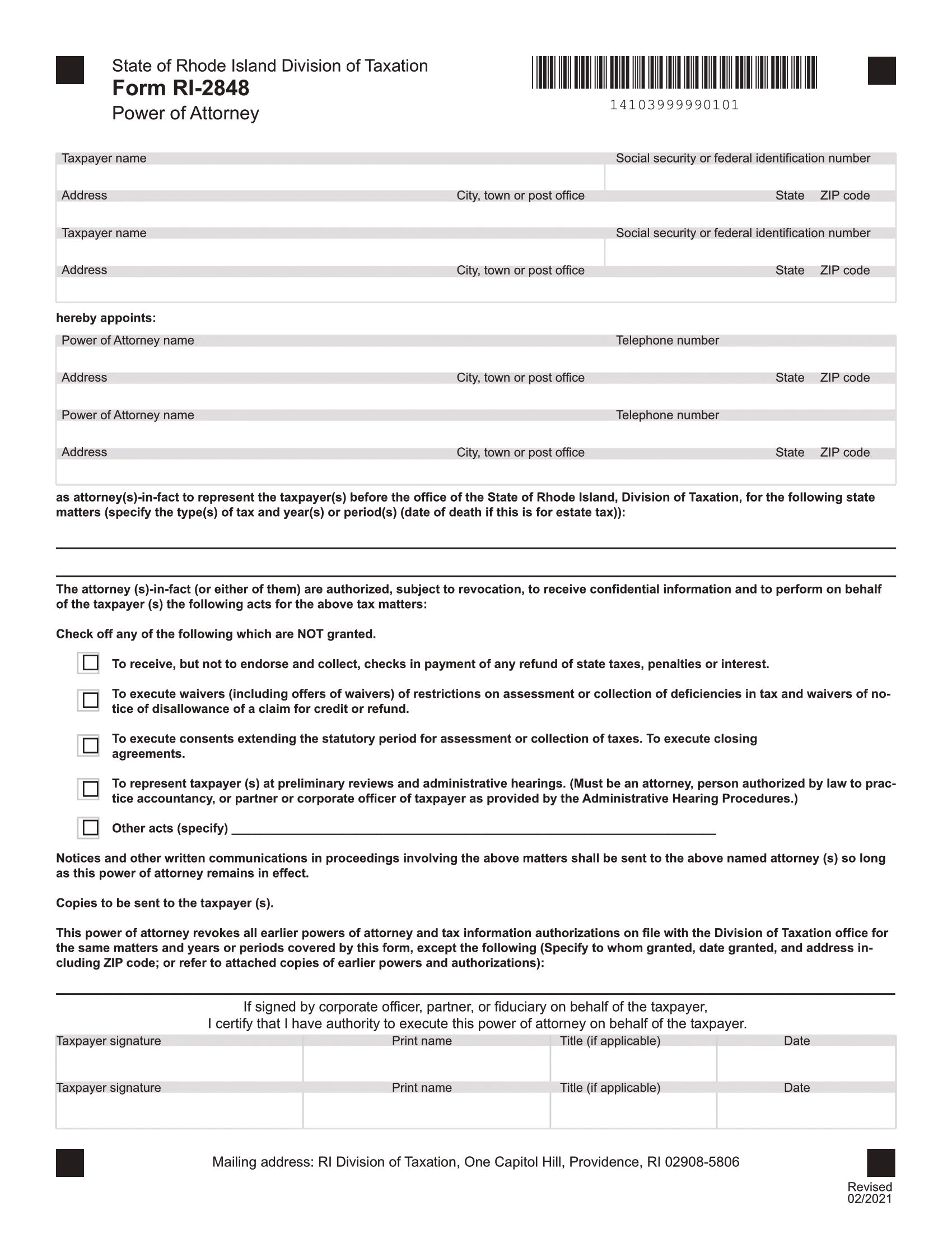 Free Rhode Island Tax Power Of Attorney Form RI 2848 PDF