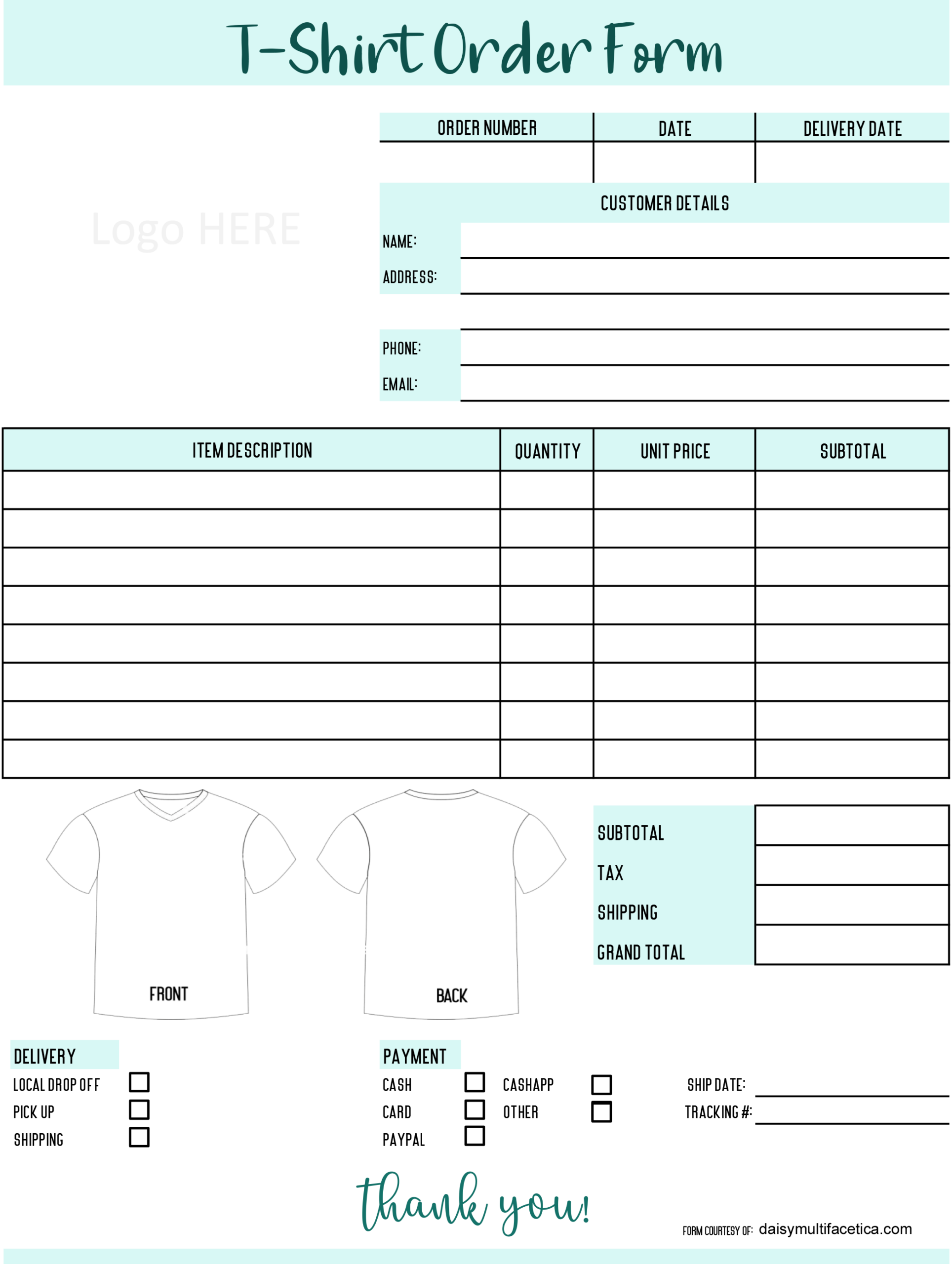 T Shirt Order Forms Printable Free