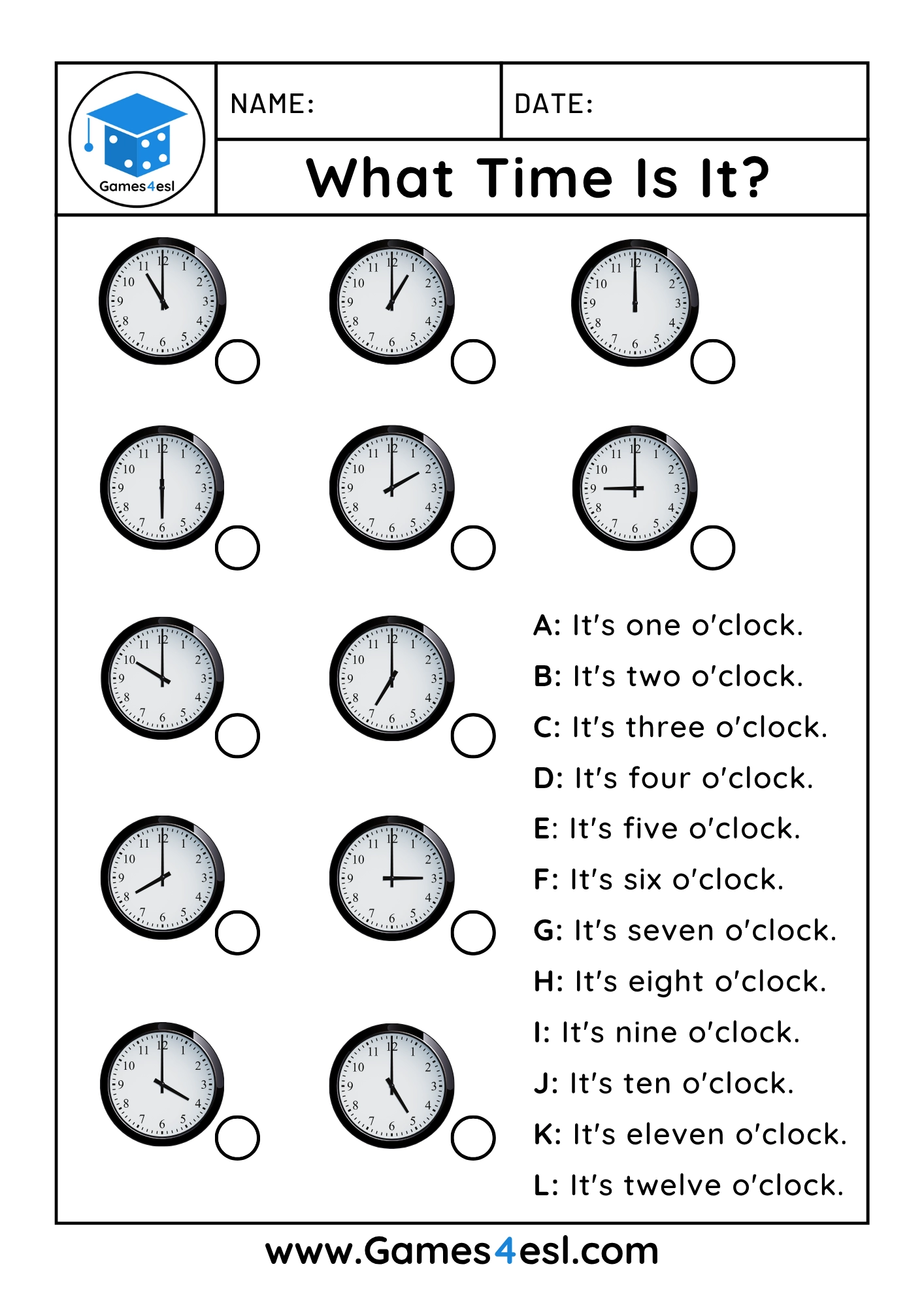 Free Telling The Time Worksheets Games4esl