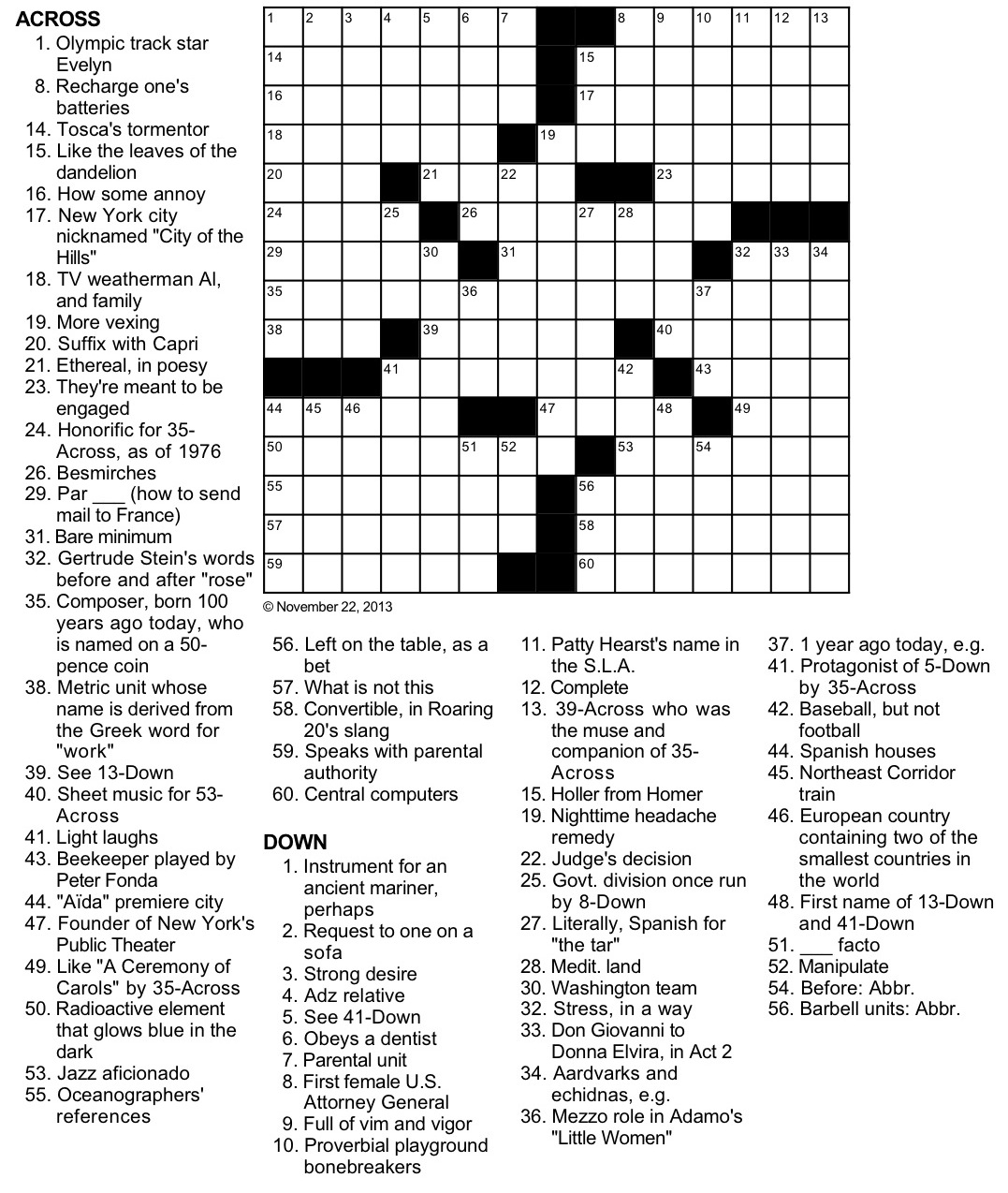 Music Themed Crossword Puzzles Printable