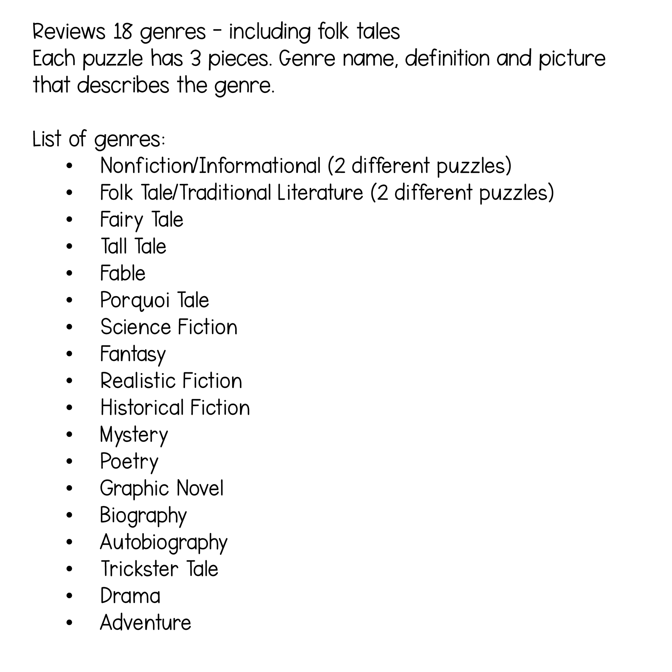 Genre Puzzles Literary Genres Practice 