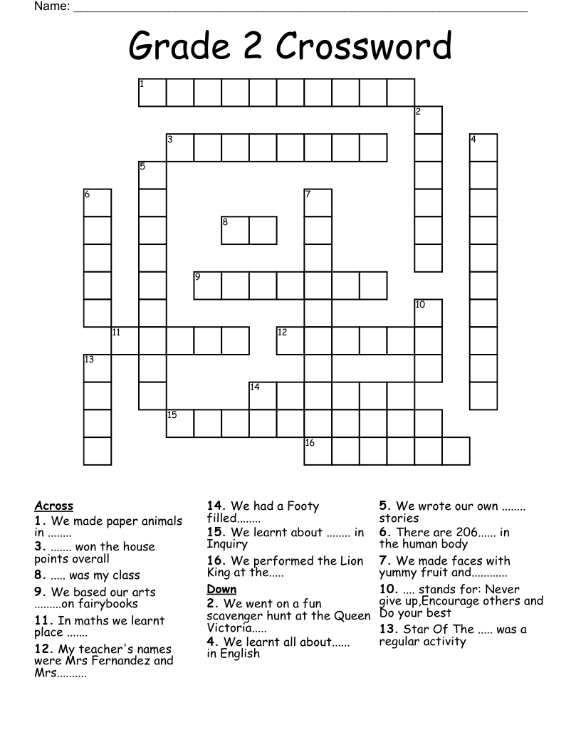Printable 2nd Grade Crossword Puzzles