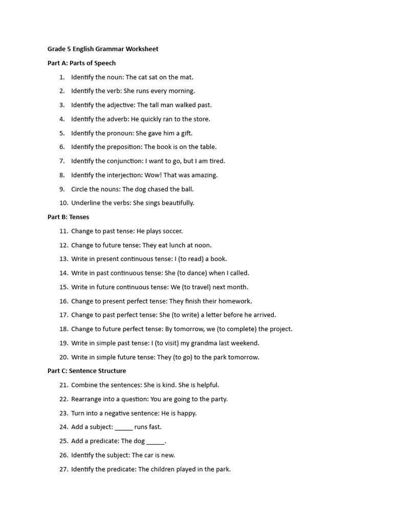 Grade 5 English Grammar Worksheet With Answers PDF English 