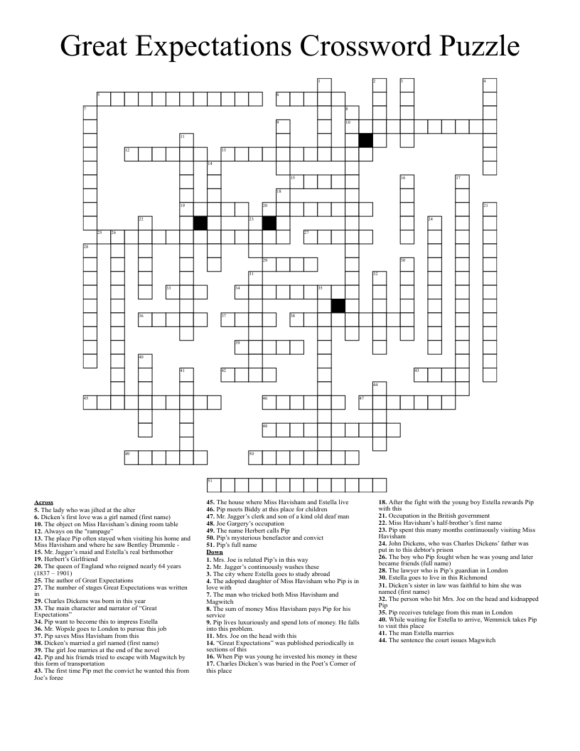 Great Expectations Crossword Puzzle WordMint