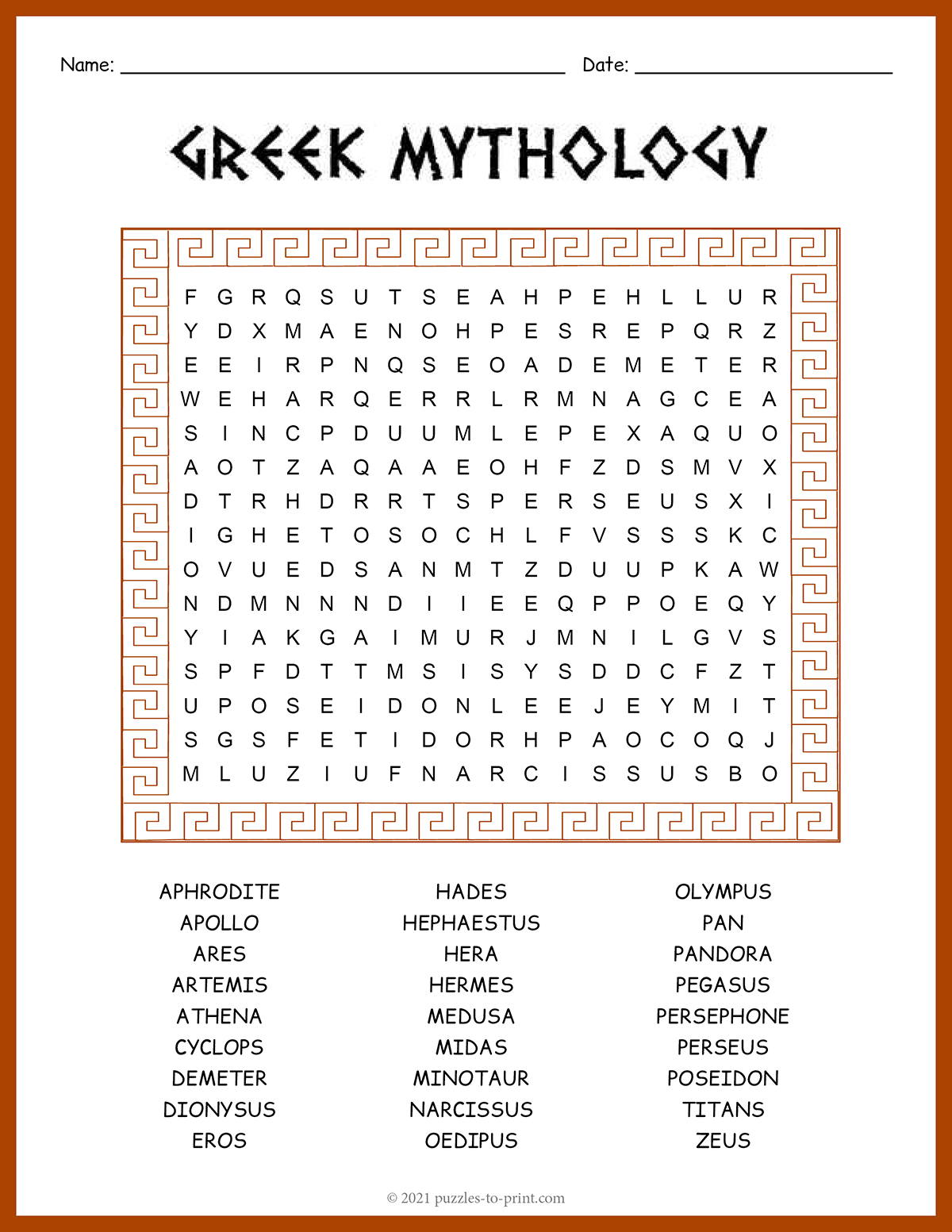 Greek Mythology Word Search