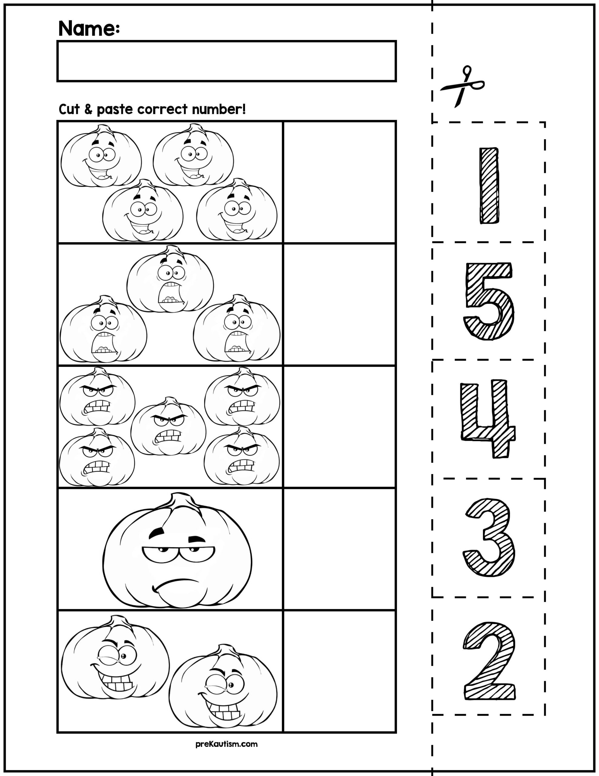 Halloween Pumpkins Cut amp Match Worksheets Numbers 1 5 By PreKautism