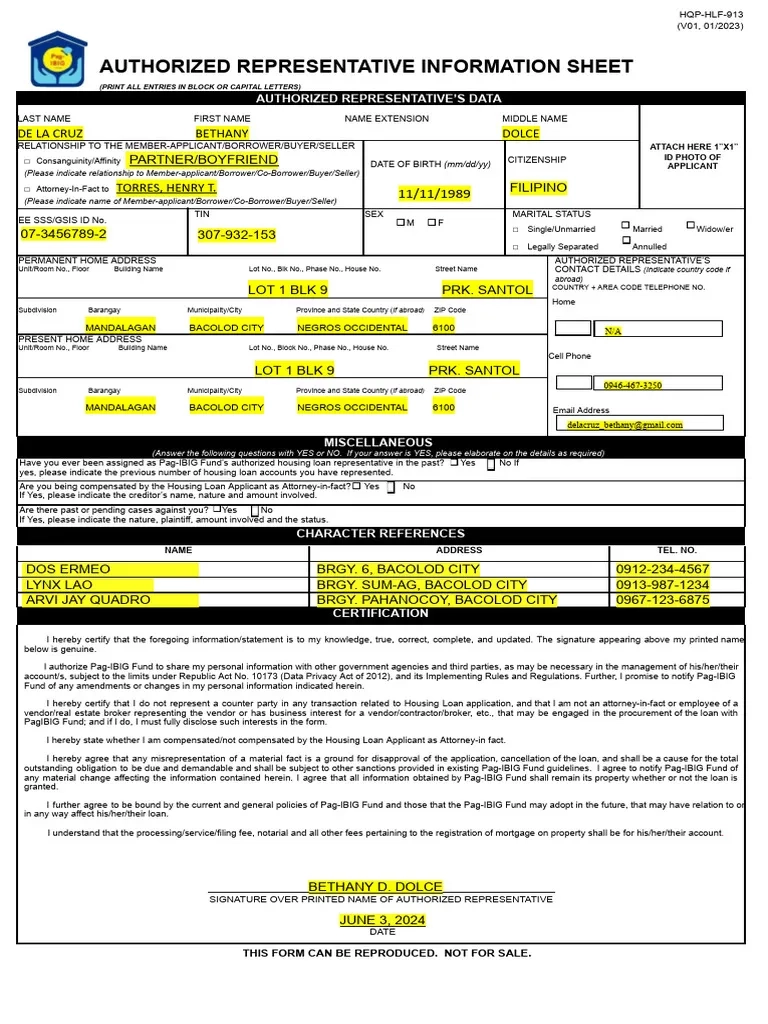 HLF913 Authorized Representative Information Sheet PDF