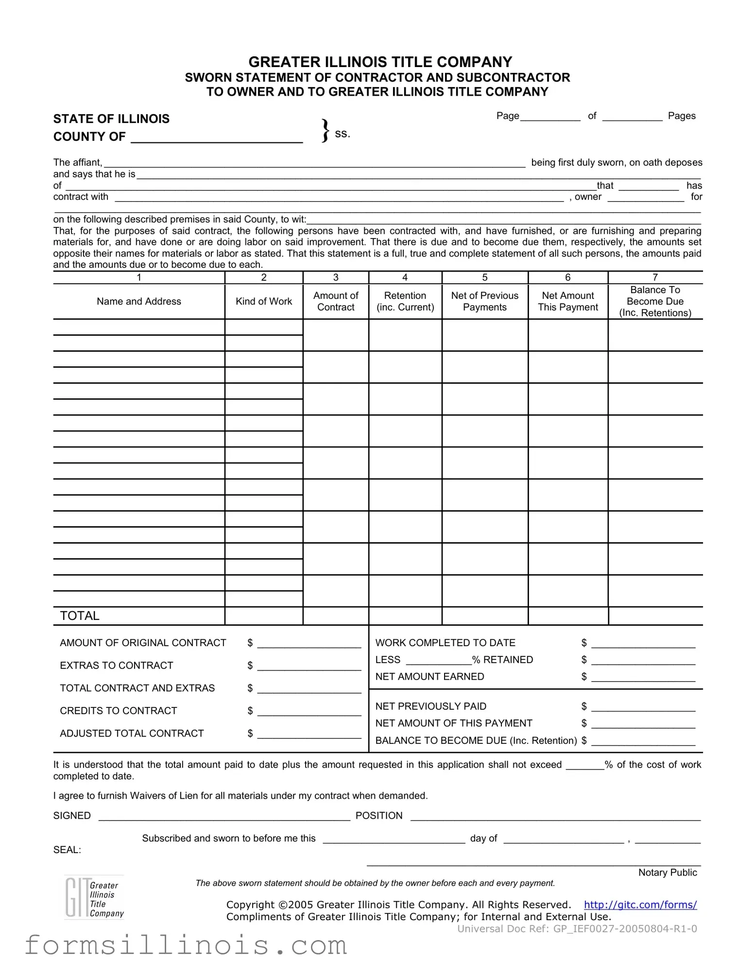 Illinois Sworn Statement Template Fillable PDF Form