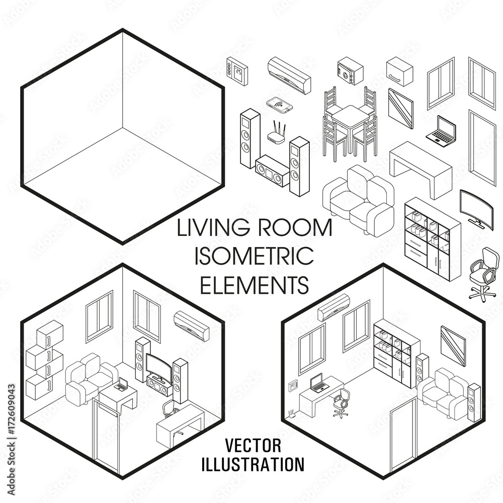 Isometric Living Room Interior Constructor Vector Set Of 