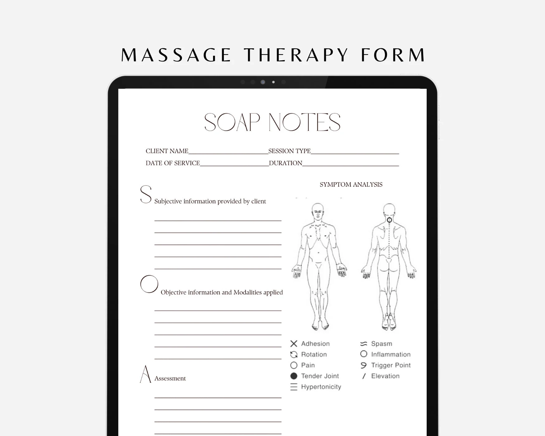Massage SOAP Notes Template Symptom Analysis Form canva Editable 