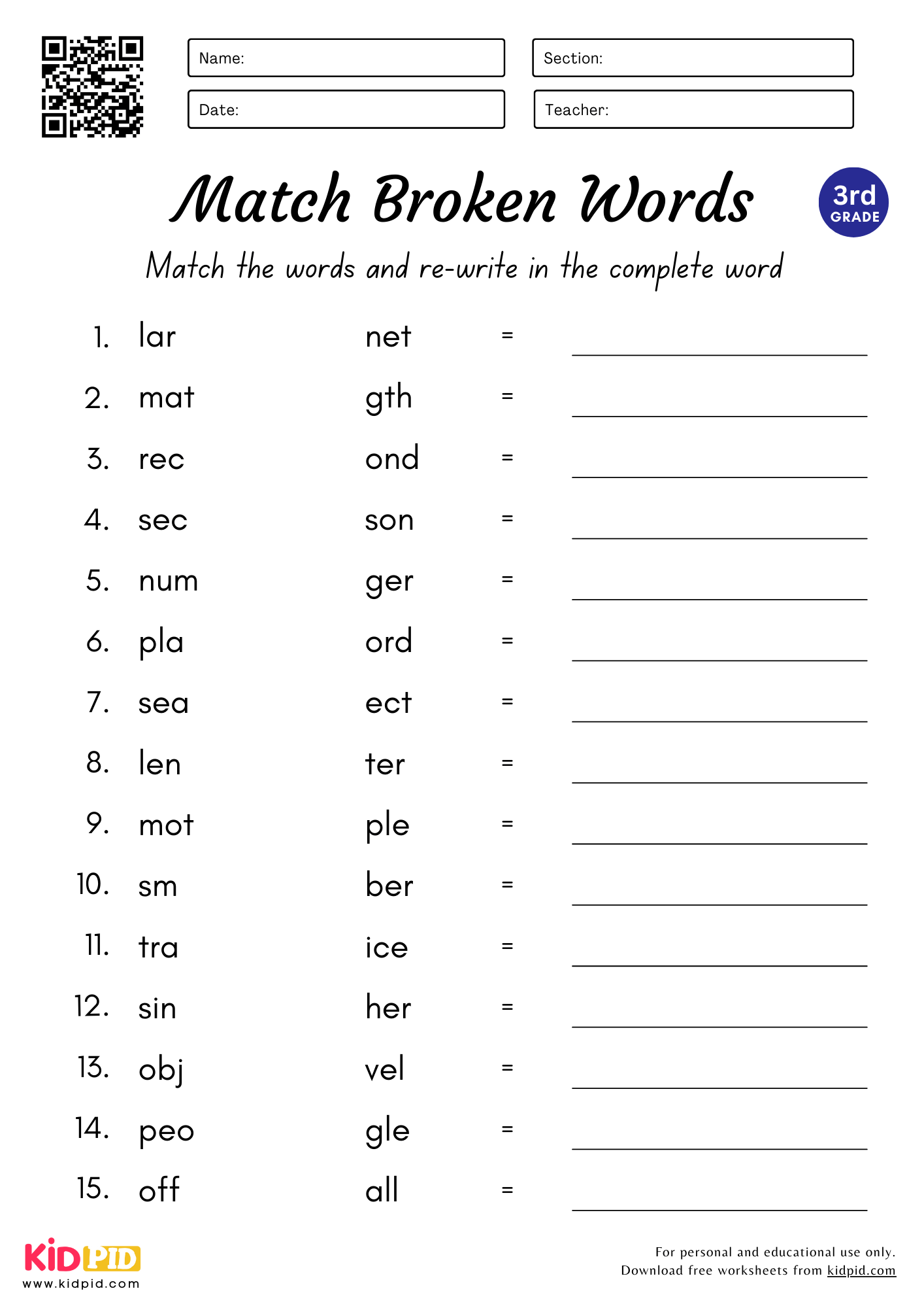 Match amp Complete The Words Worksheet For Grade 3 Kidpid