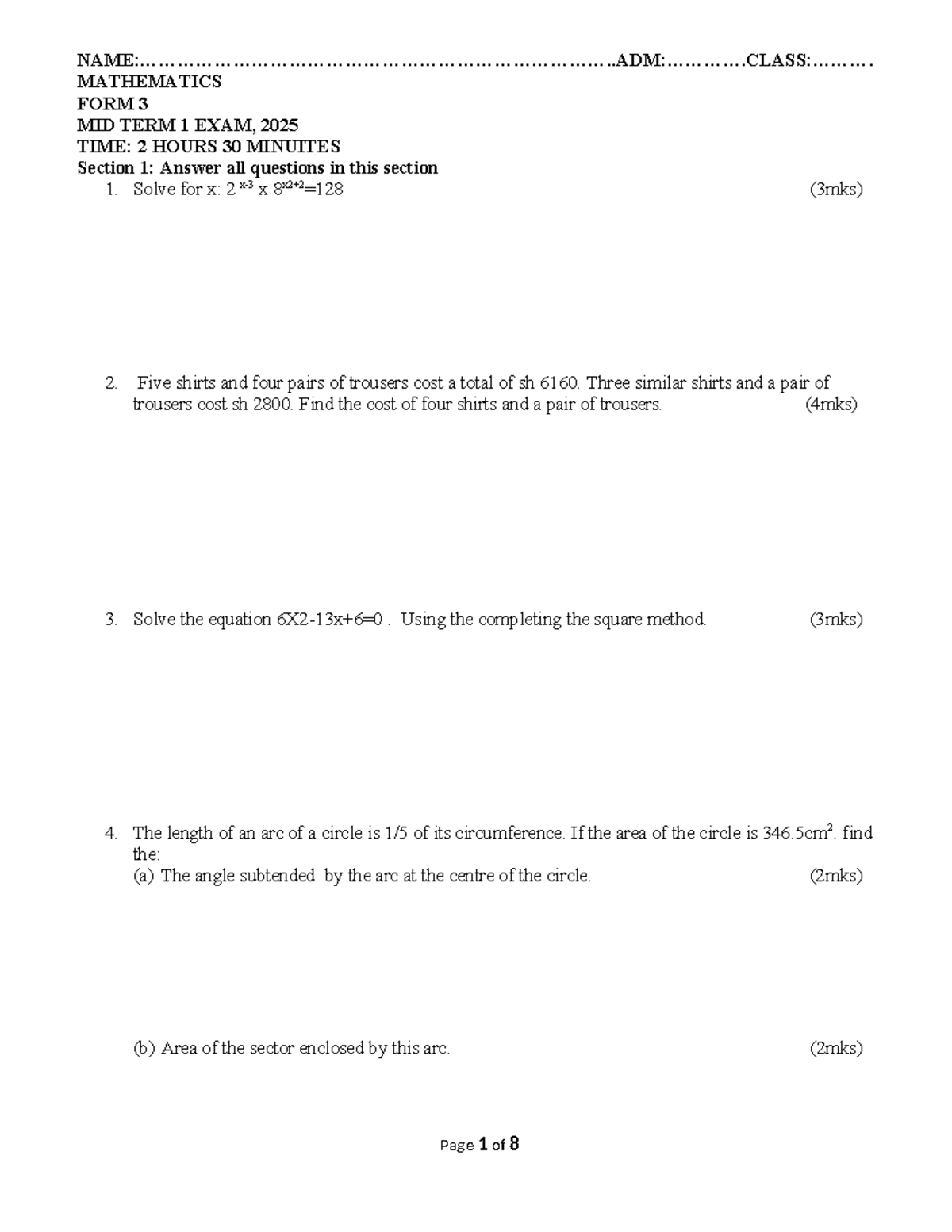 MATHEMATICS FORM 3 MIDTERM 1 EXAM 2025 QUESTION PAPER Studocu