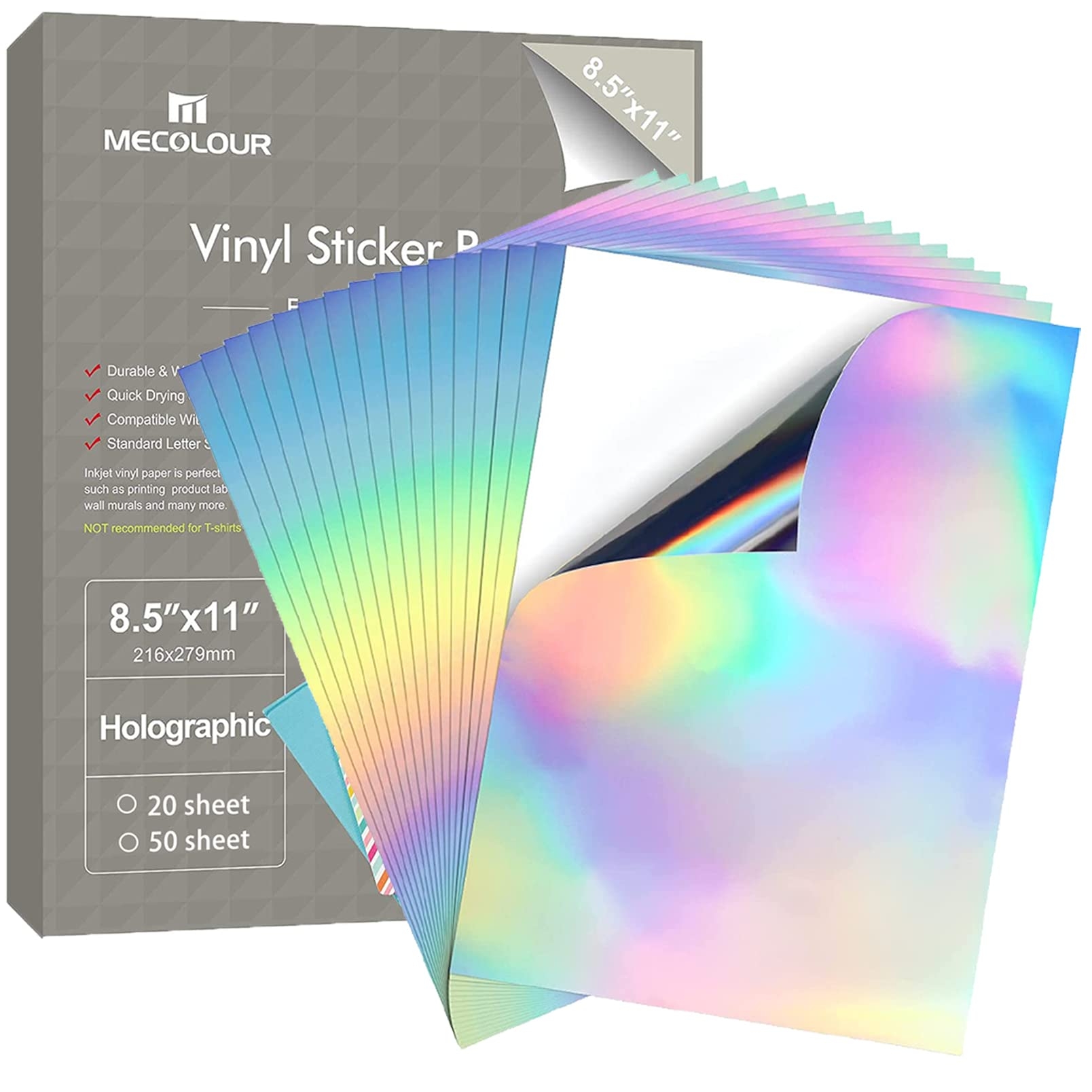 MECOLOUR Holographic Sticker Paper Printable 8 5 11 50 Sheets 