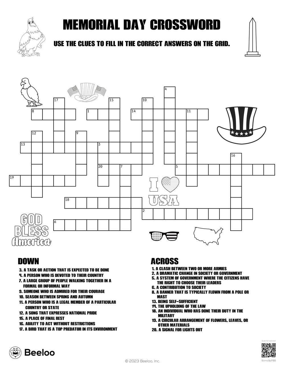 Memorial Day Crossword Beeloo Printable Crafts And Activities 