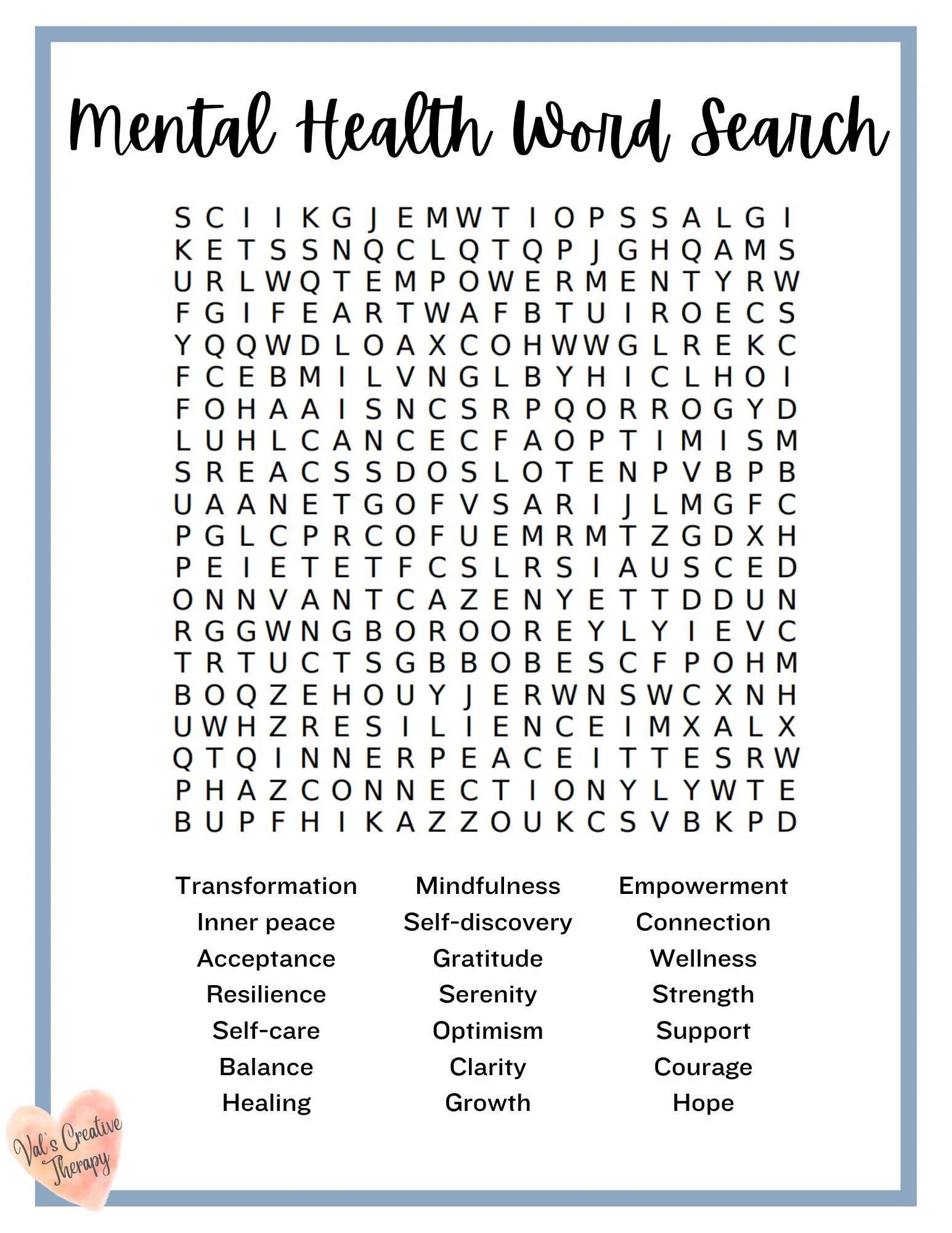 Mental Health Crossword Calming Crossword Puzzle Feel Good 