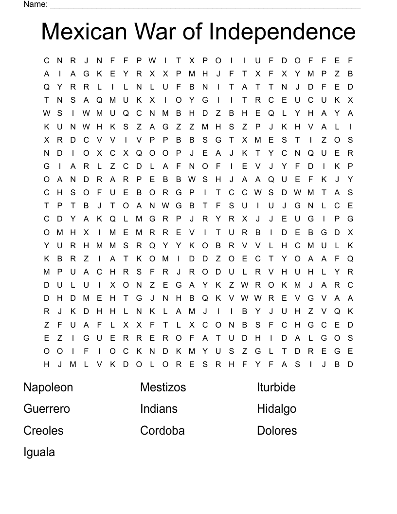 Mexican War Of Independence Word Search WordMint