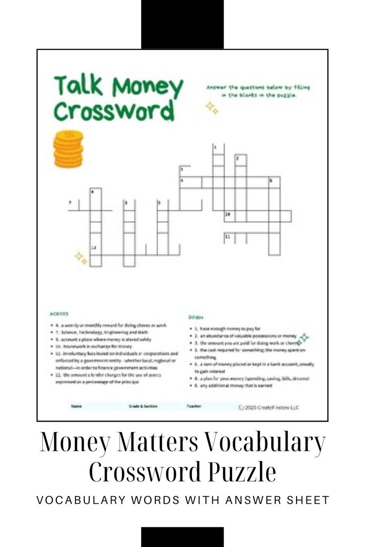 Money Matters Vocabulary Crossword Puzzle Vocabulary Words With 