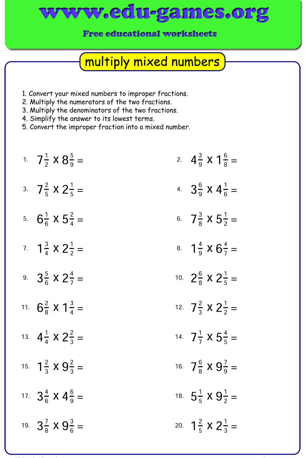 Free Printable Mixed Fraction Worksheets