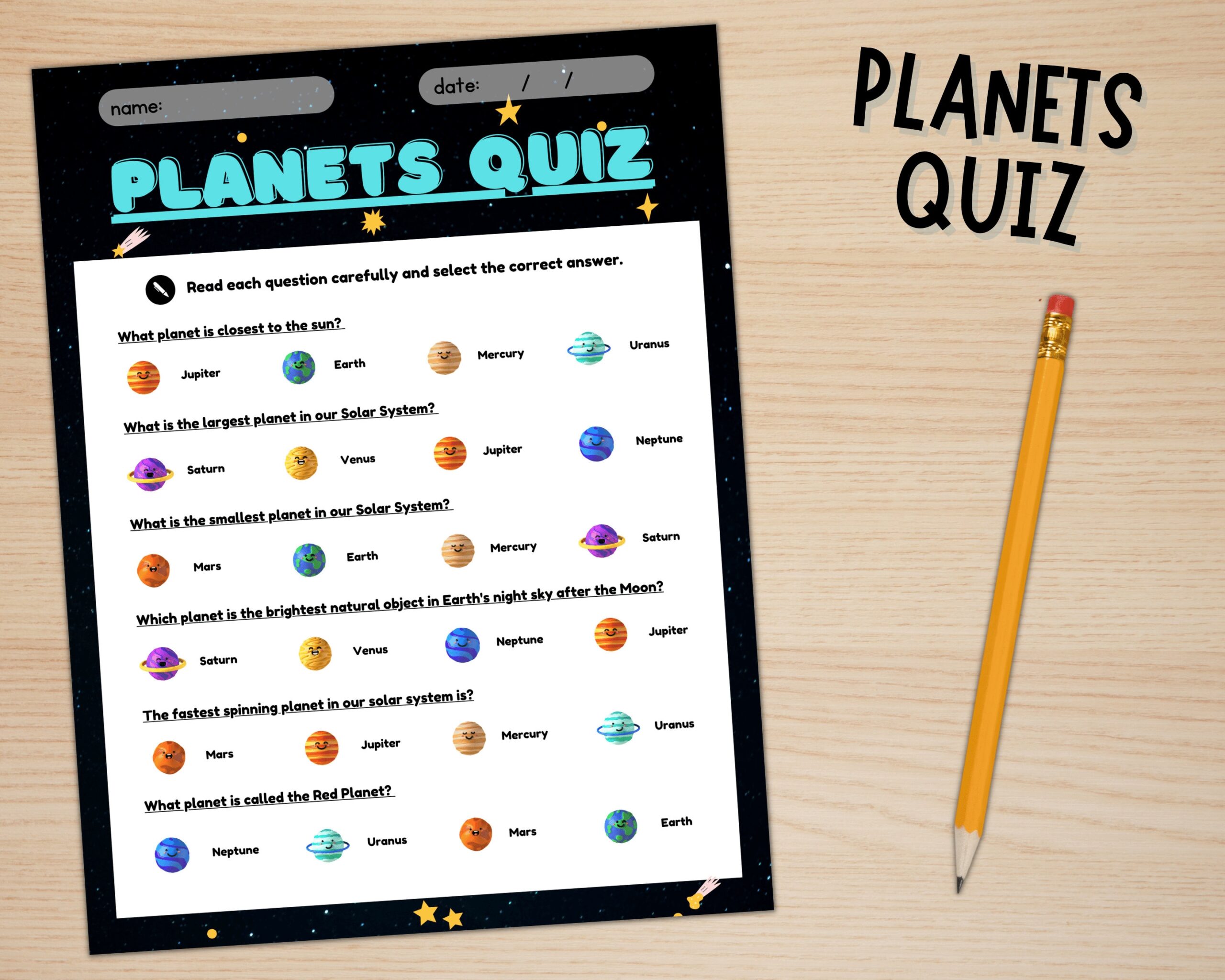 Kids Planets Quiz Printable