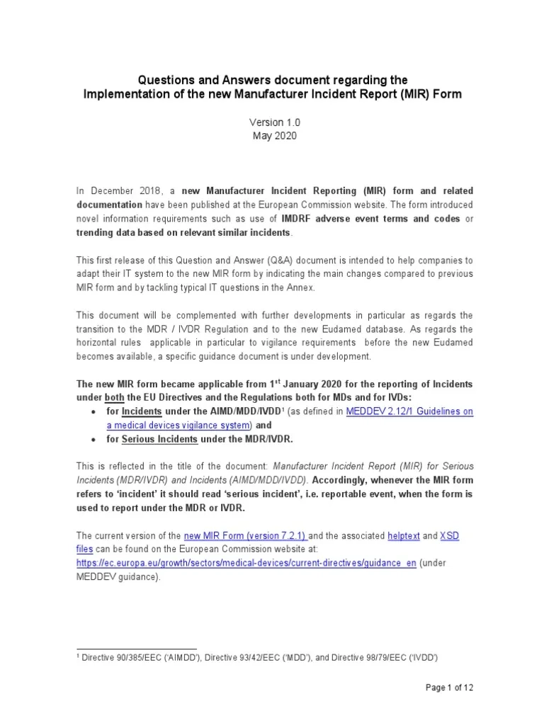 New MIR Form Q amp A For EU Compliance PDF Medical Device Xml