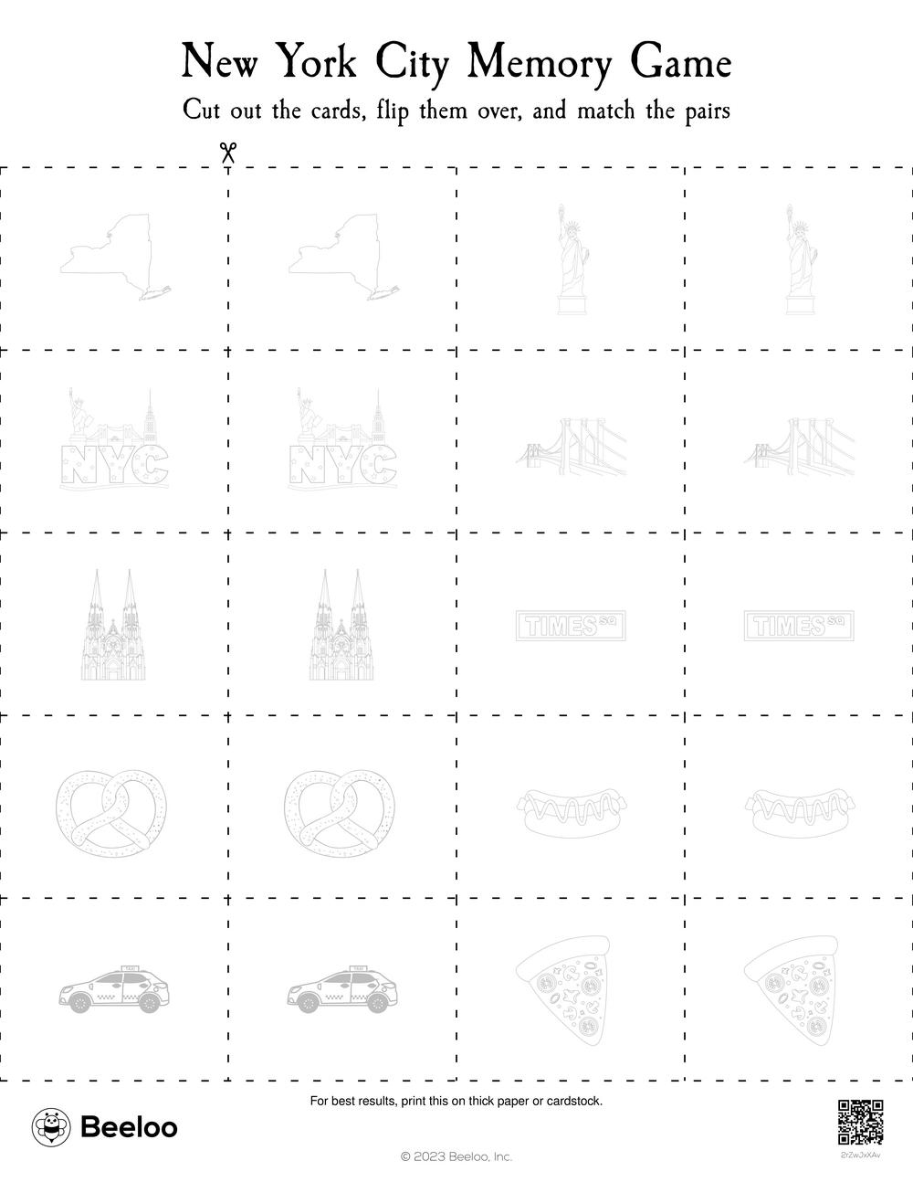 New York City themed Memory Games Beeloo Printable Crafts And 