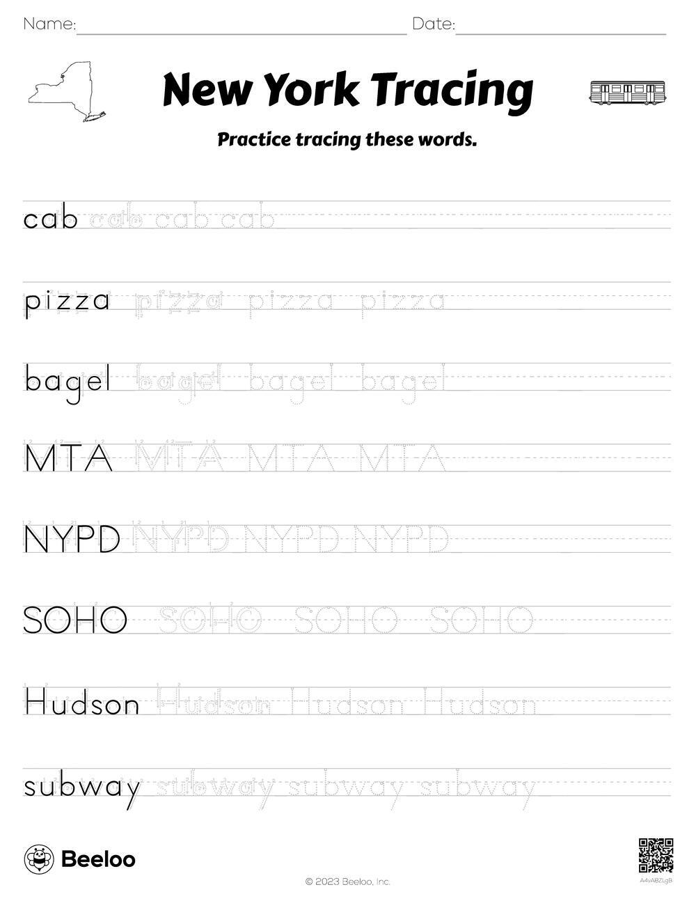 New York City themed Word Tracing Worksheets Beeloo Printable 