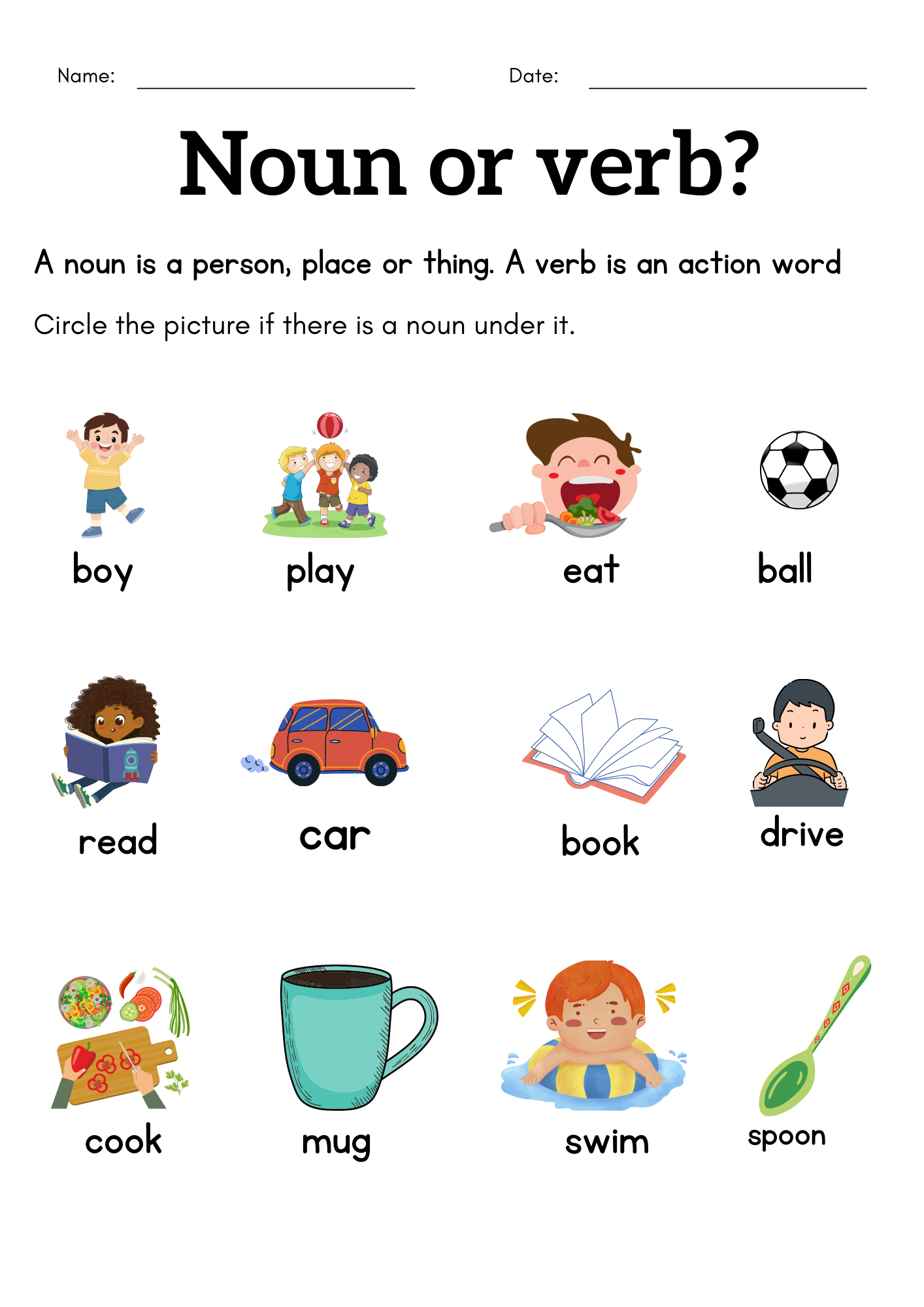 Free Printable Noun And Verb Worksheets