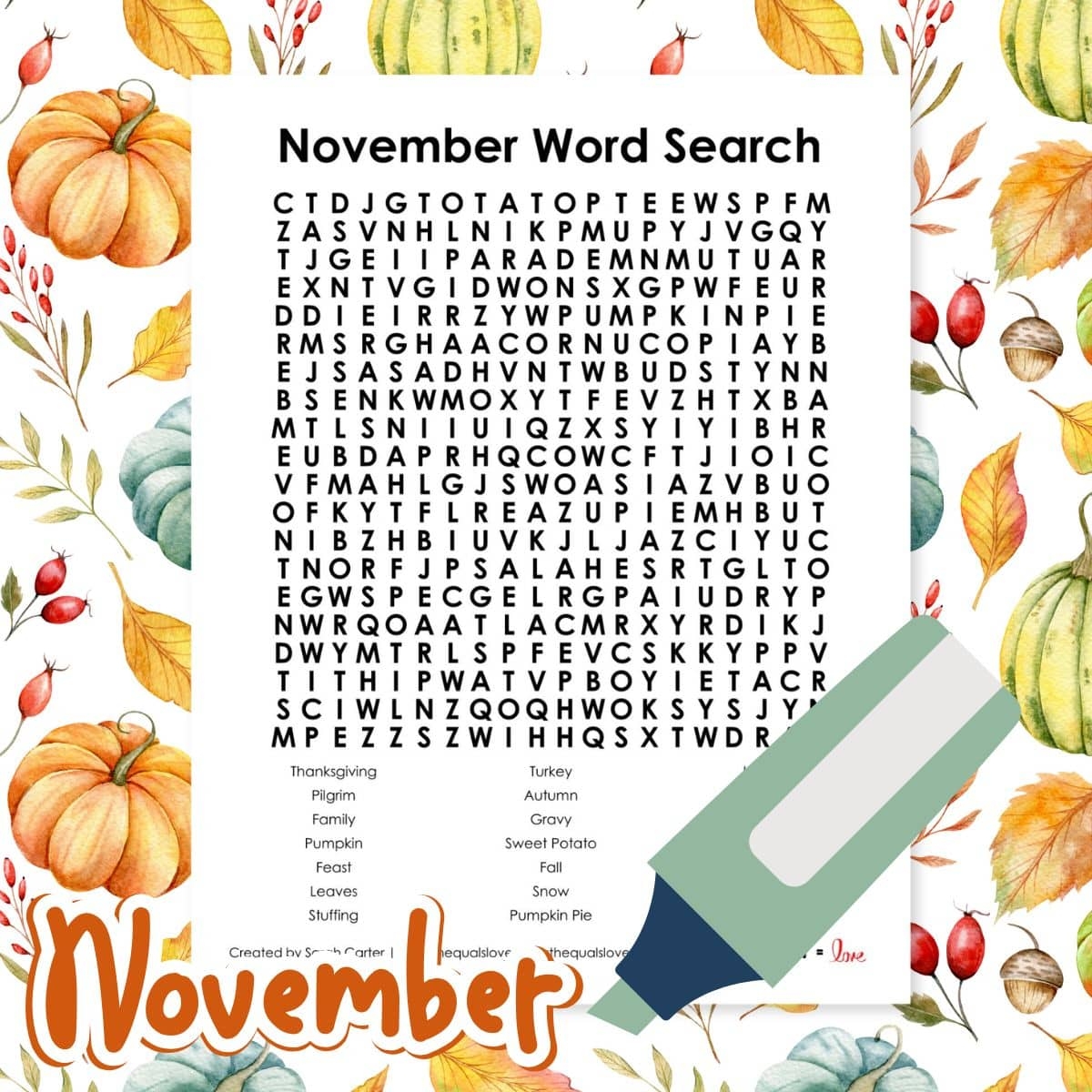 November Word Search Printable