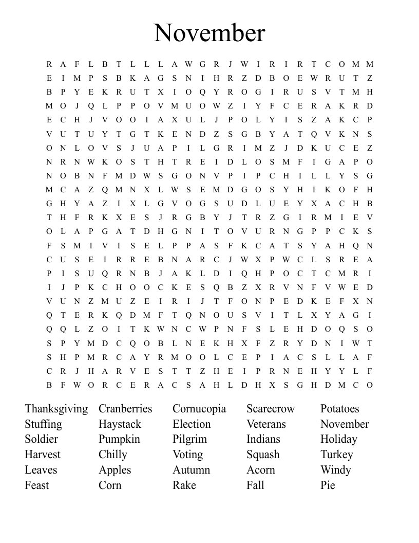 November Word Search WordMint