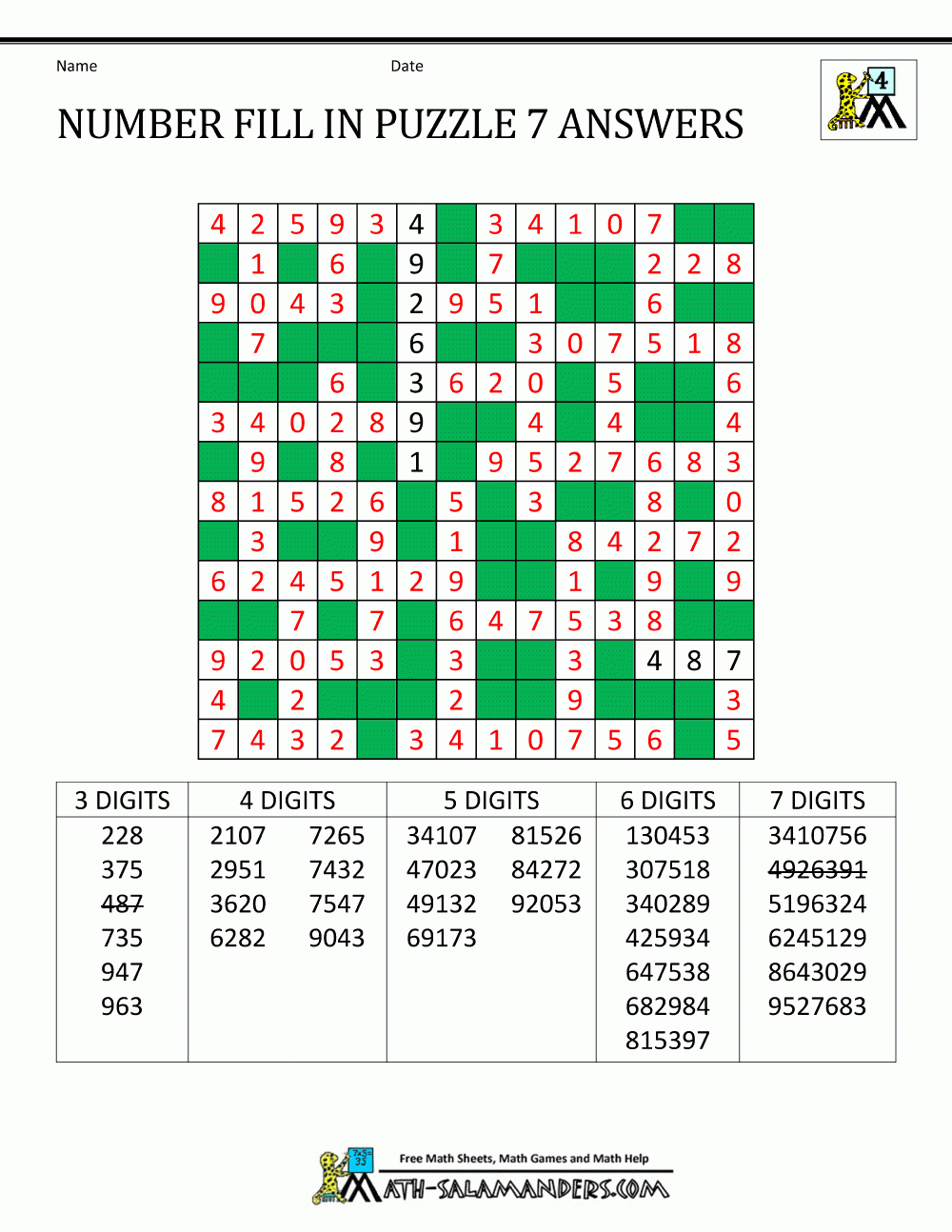 Number Fill In Puzzles Printable