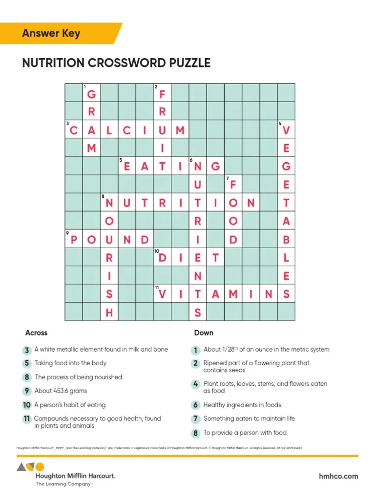 Nutrition Crossword Puzzle Answer Key PDF Foods Food And Drink