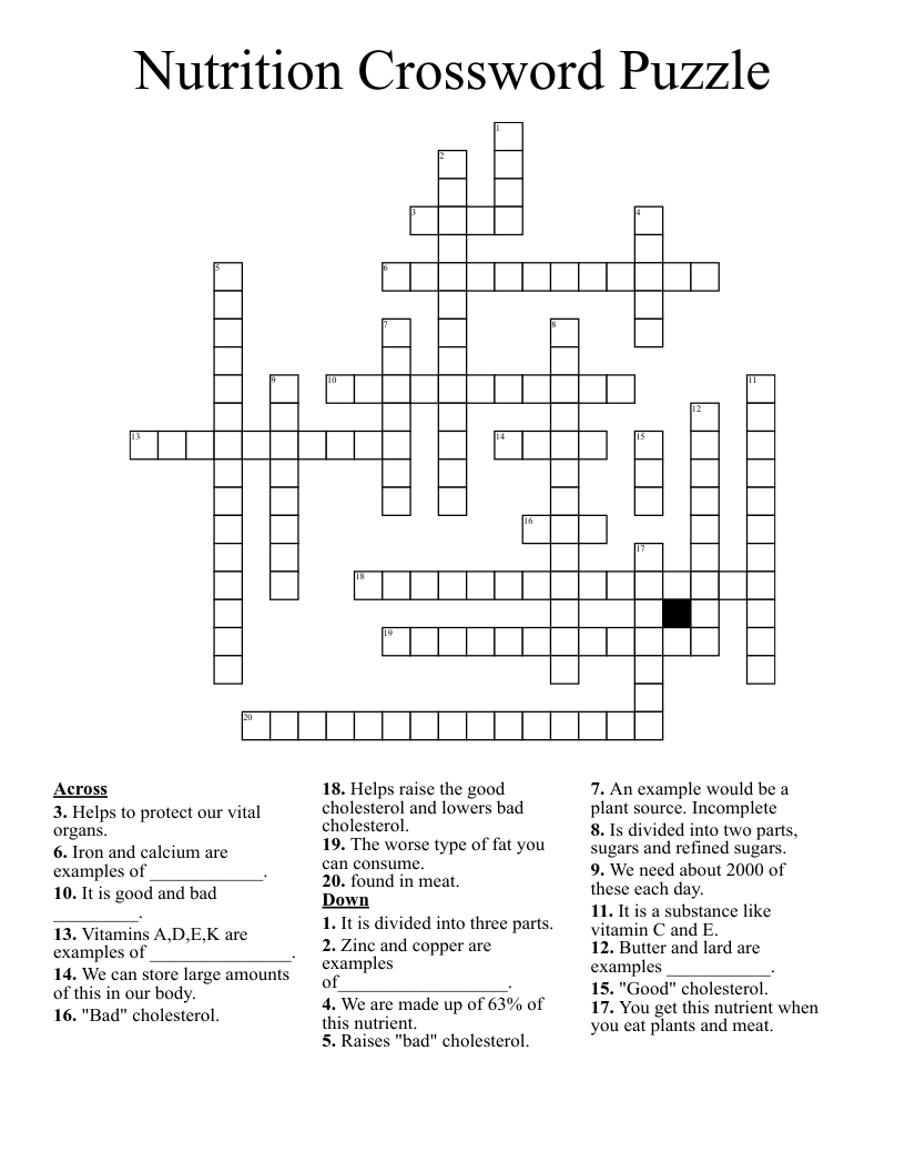 Nutrition Crossword Puzzle WordMint