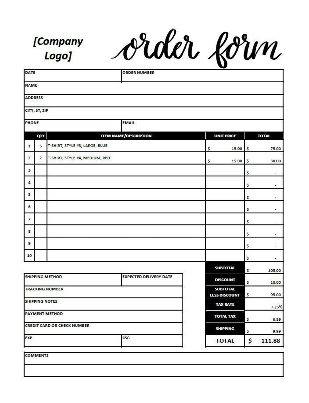 Order Form Template excel Editable Printable Etsy New Zealand