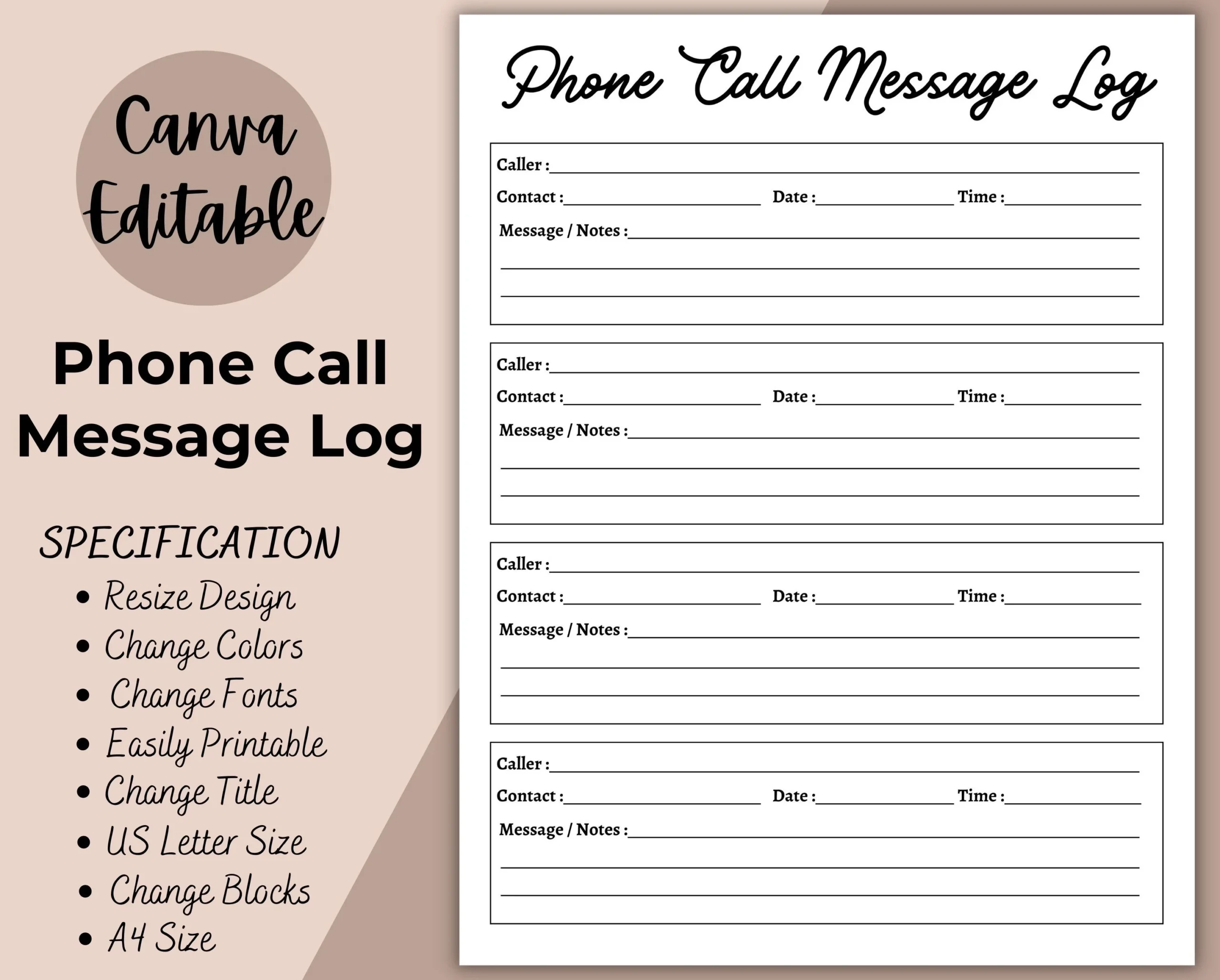Phone Call Message Log Editable Fillable Telephone Template 