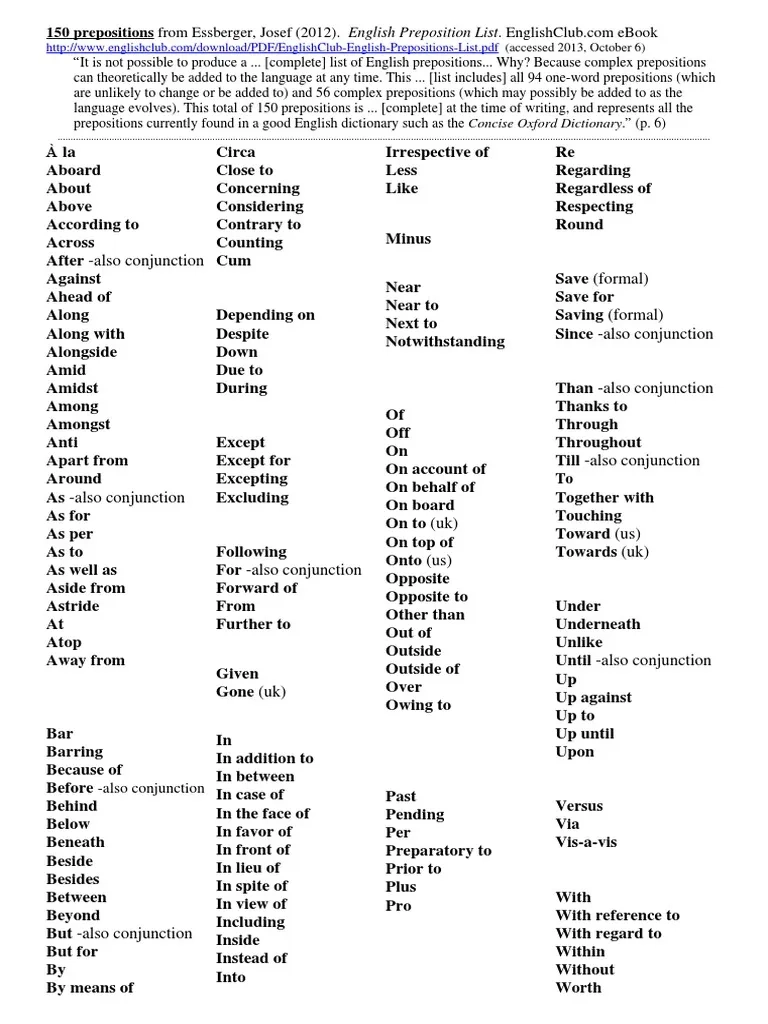 PHRASE Prepositions List Of 150 JSL PDF Preposition And 
