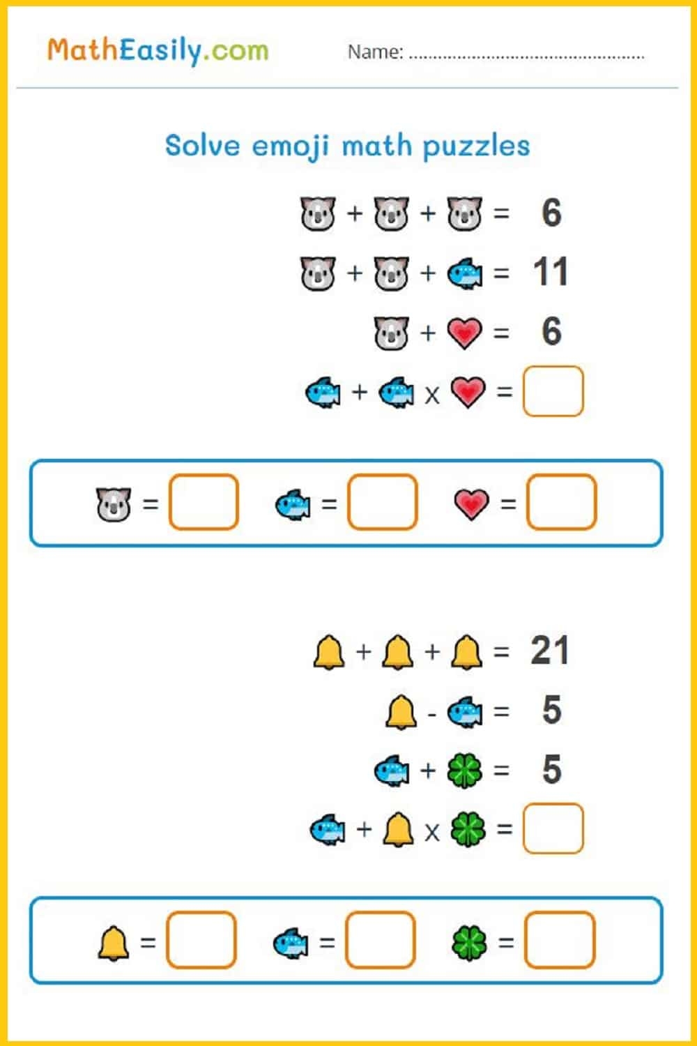 Picture Equations Puzzles ONLINE Printable