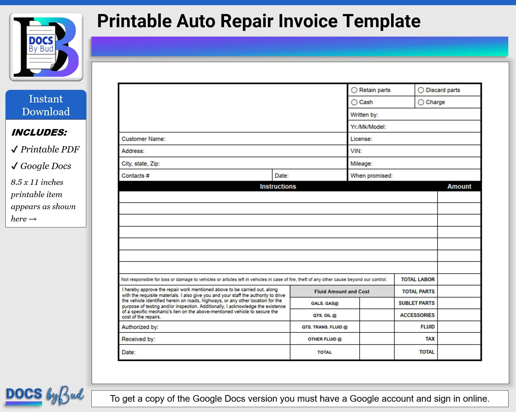 Printable Auto Repair Invoice Template Auto Repair Template 